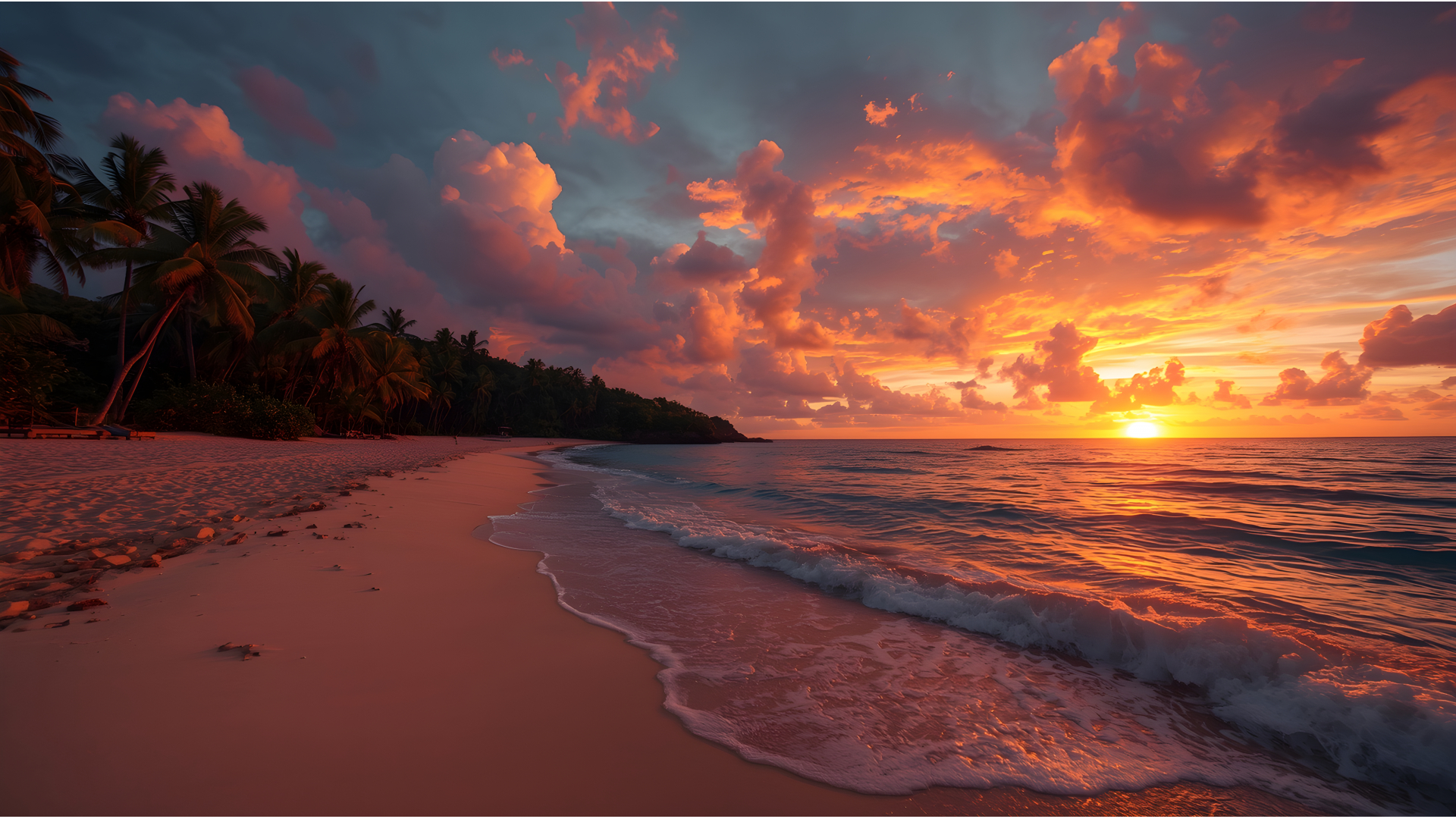 Tropical beach sunset background with ocean waves and copy space